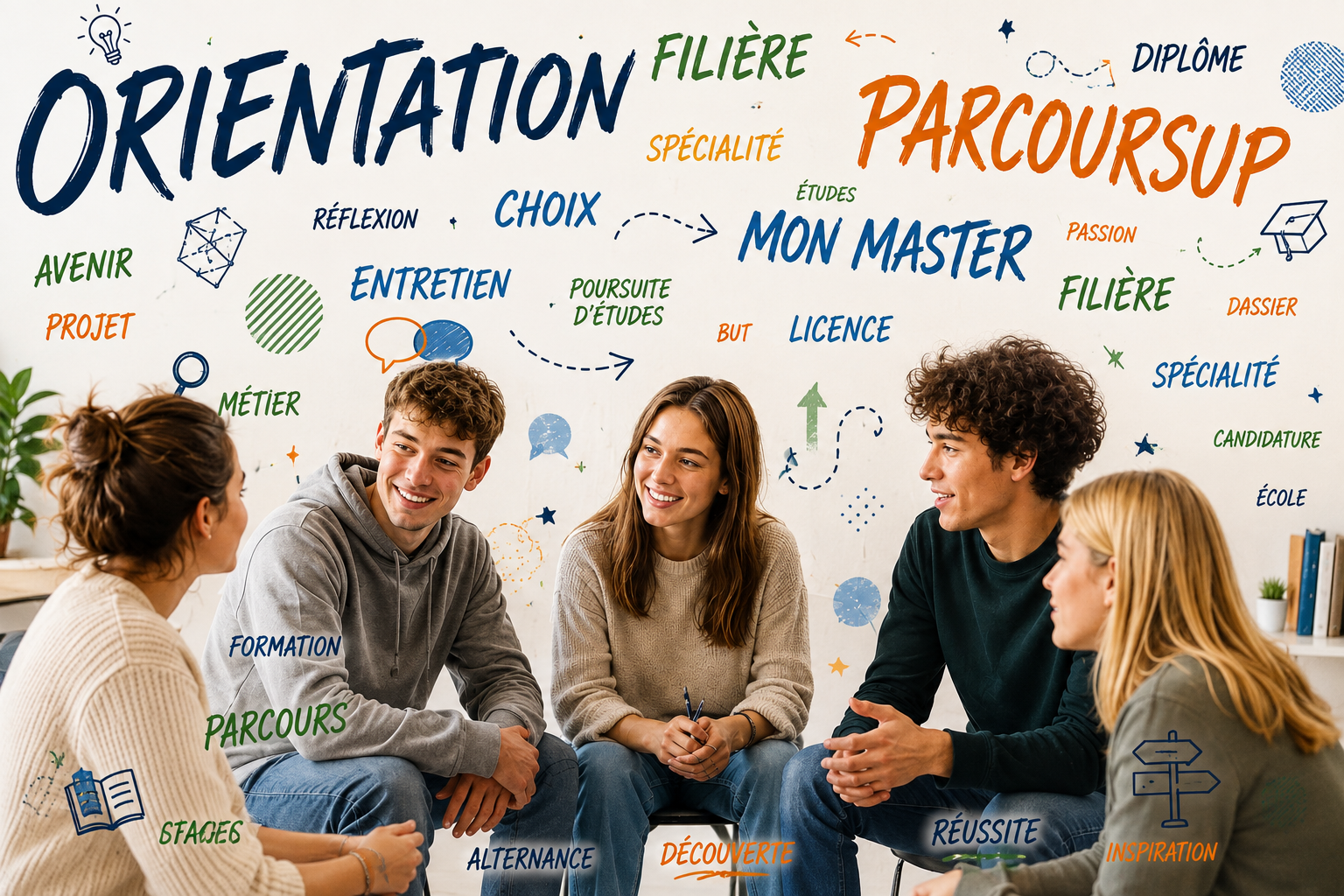 Groupe de jeunes échangeant sur leur orientation, Parcoursup, filière et projet d'avenir